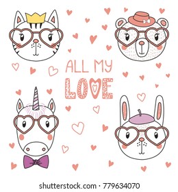 Set of hand drawn portraits of cute funny animals in heart shaped glasses, with romantic quotes. Isolated objects on white background. Vector illustration. Design concept children, Valentines day card