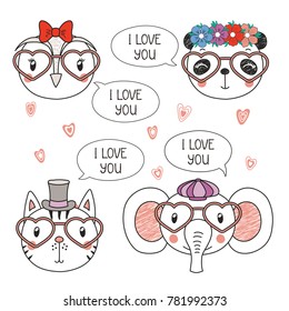 Set of hand drawn portraits of cute funny animals in heart shaped glasses, with romantic quotes. Isolated objects on white background. Vector illustration. Design concept children, Valentines day card