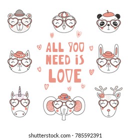 Set of hand drawn portraits of cute funny animals in heart shaped glasses, with romantic quotes. Isolated objects on white background. Vector illustration. Design concept children, Valentines day card