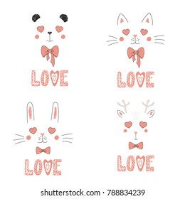 Set of hand drawn portraits of cute funny animals with heart shaped eyes, romantic quotes. Isolated objects on white background. Vector illustration. Design concept for children, Valentines day card.