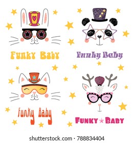 Set of hand drawn portraits of cute funny cartoon animals in funky hats and glasses, with typography. Isolated objects on white background. Vector illustration. Design concept for children.