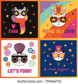 Set of hand drawn portraits of cute funny cartoon animals in funky hats and glasses, with typography. Isolated objects. Vector illustration. Design concept for children.