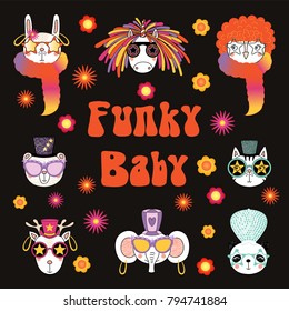 Set of hand drawn portraits of cute funny cartoon animals in funky hats and glasses, with typography. Isolated objects. Vector illustration. Design concept for children.
