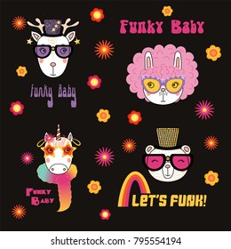 Set of hand drawn portraits of cute funny cartoon animals in funky hats and glasses, with typography. Isolated objects. Vector illustration. Design concept for children.