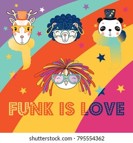 Set of hand drawn portraits of cute funny cartoon animals in funky hats and glasses, with typography. Isolated objects. Vector illustration. Design concept for children.