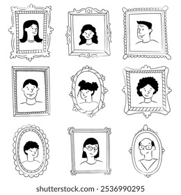 Um conjunto de retratos desenhados à mão de homens e mulheres. Esboço de fotos de família em quadros pendurados em uma parede. Conjunto de faces emolduradas.