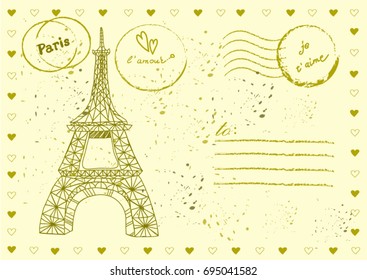 Set of hand drawn post stamp symbols. Postcard.Paris. I love you. Vector illustration.