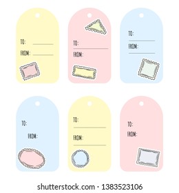 Set of hand drawn post stamps gift tags. Collection of flat colorful style postage labels