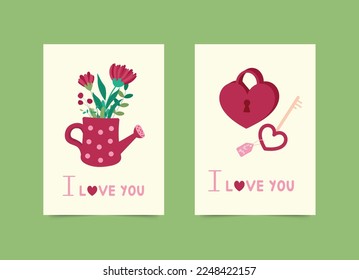 Set of hand drawn postcards. I love you. Vector illustration