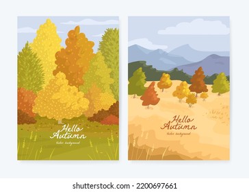 Set of hand drawn poster, cover or card. Vector illustration of autumn forest and field. Hello autumn concept