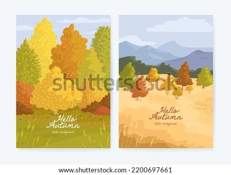 Set of hand drawn poster, cover or card. Vector illustration of autumn forest and field. Hello autumn concept