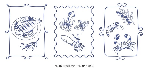 Set of hand drawn posters frames with simple mediterranean food. Fish seafood olives. Ink doodle sketch. Vintage illustrations for cafe or restaurant menu.