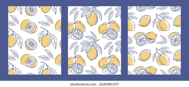 Conjunto de carteles dibujados a mano con limones. Boceto de doodle de tinta. Fondos de Antiguas para menú de cafetería o restaurante.