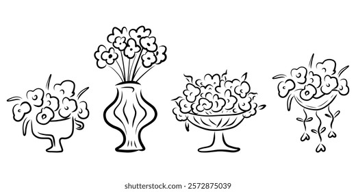 Set of hand drawn pot flowers, home decoration flowers, doodle drawing, flower in a flowerpot, Coloring book for children and adults