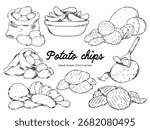set of  hand drawn potato chips, raw and cut potatoes outline drawing illustration