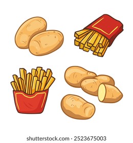 set of hand drawn potato in sketch style. Potato and french fries in a paper pack in doodle style. Vector illustration
