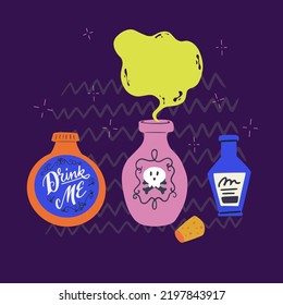 Set of hand drawn potion bottles. Three vessels with potion and poison, an attribute for witchcraft spells of a witch for Halloween. Clip art for holiday card, party decorations, poster, print