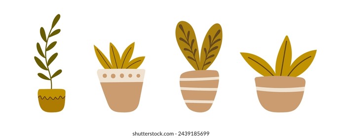 Conjunto de plantas dibujadas a mano. Decoración del hogar, planta acogedora. Ilustración vectorial de stock