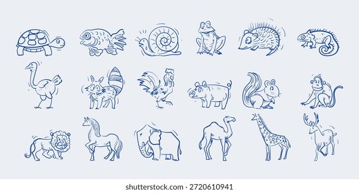 Conjunto de granja de aves de corral dibujado a mano, mascotas y animales salvajes línea de arte boceto de colección de Ilustración vectorial. Aislado sobre fondo blanco.