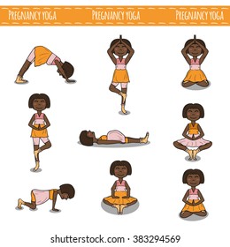 Set of hand drawn pregnant african american women on pregnancy yoga theme. Healthy lifestyle and active pregnancy concept. Yoga poses for pregnant woman. Health care and bode care. Yoga studio