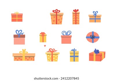 set of Hand drawn presents in pink and peach, yellow colors. Vector illustration isolated. Top above, top view. 