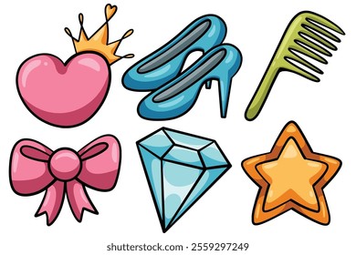 Set of Hand drawn princess element. collection of heart, high heel, comb, bow, diamond, star Isolated Vector