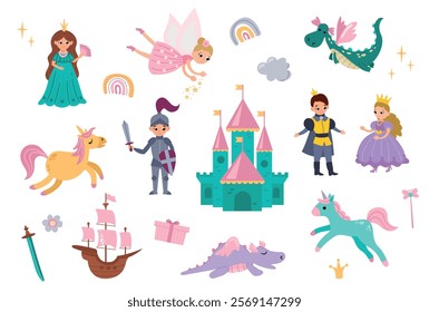 Set of hand drawn princess, prince, castle, dragon, unicorn and other details for children's design