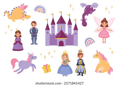 Set of hand drawn princess, prince, castle, dragon, unicorn and other details for children's design