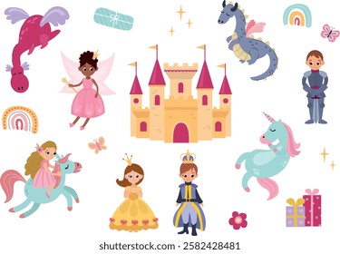 Set of hand drawn princess, prince, castle, dragon, unicorn and other details for children's design. White background, isolate