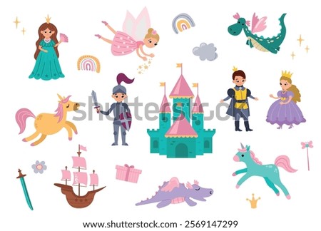 Set of hand drawn princess, prince, castle, dragon, unicorn and other details for children's design