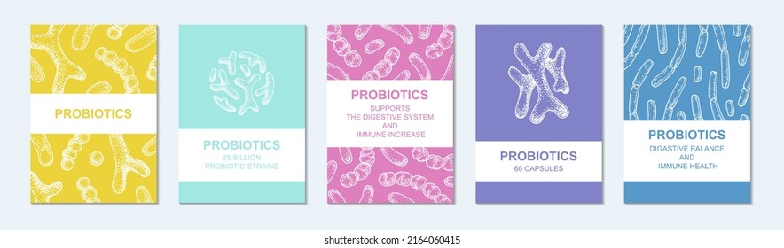 Set of hand drawn probiotics design for packaging and branding. Vector illustration in sketch style. Microscopic bacteria close-up. Biology background