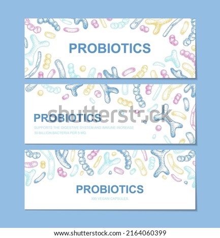 Set of hand drawn probiotics design for packaging and branding. Vector illustration in sketch style. Microscopic bacteria close-up. Biology background