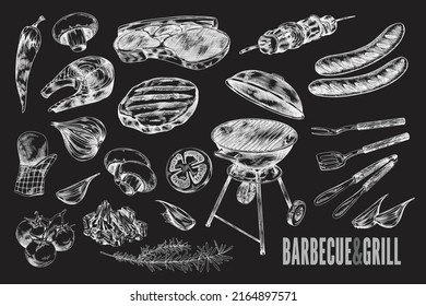 Set of hand drawn products and tools for barbecue and grill sketch style, vector illustration isolated on dark background. White lines, design elements collection for BBQ