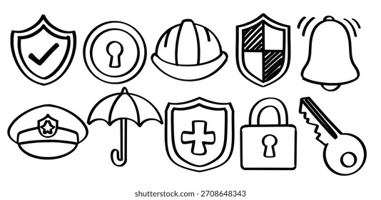 Conjunto de tema de proteção desenhado à mão. Coleção de Escudo com Checkmark, Furo de Fechadura, Capacete de Segurança, Escudo Padronizado, Sino de Alarme, Cap de Polícia, Guarda-chuva, Escudo Médico, Cadeado, Símbolo de Chave Isolado Vetor