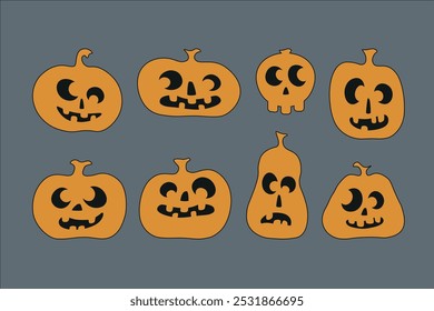 set de cabezas de calabaza dibujadas a mano para Halloween 31 de octubre