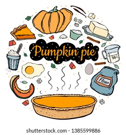 Set hand drawn pumpkin pie and ingredients for cooking in white background