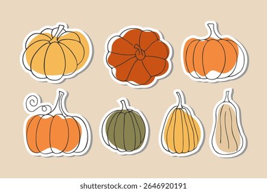 Set of hand Drawn pumpkin stickers in Doodle style. Autumn harvest vegetables. Perfect for seasonal prints, cards, packaging, fall decor, Thanksgiving Design, planner, kids craft, scrapbooking