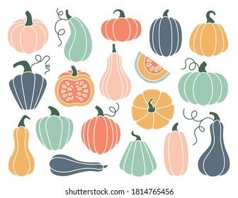 Set of hand drawn pumpkin of various shapes and pastel colors. Flat pumpkins and squash. Vector elements for thanksgiving, harvest and halloween.