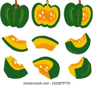 Set of hand drawn pumpkins. Autumn collection. Different pumpkins kinds, halfs and wholes, pumpkin pie.