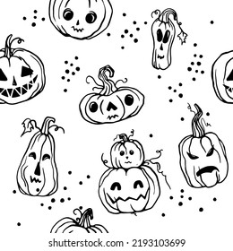Set of hand drawn pumpkins for Halloween. Handwritten text Halloween, death or treat and happy halloween. Halloween vector illustration.
