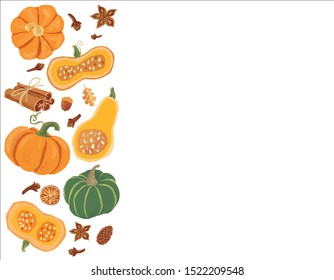 Set of hand drawn pumpkins and spices. Autumn Thanksgiving poster template. Different kinds of pumpkins, 
halfs and wholes, cinnamon sticks. 