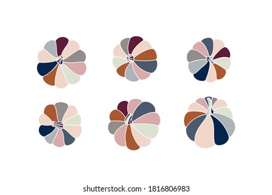 A set of hand drawn pumpkins of various shapes and pastel colors - pink, orange, red, blue, gray. Flat pumpkins and zucchini. Vector elements for Thanksgiving, Harvest and Halloween. Sketch and flat.