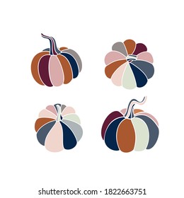 A set of hand drawn pumpkins of various shapes and pastel colors - pink, orange, red, blue, gray. Flat pumpkins and zucchini. Vector elements for Thanksgiving, Harvest and Halloween. Sketch and flat.