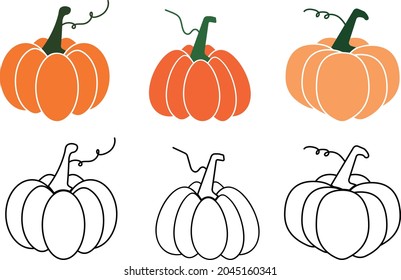 set of hand drawn pumpkins in various shapes, black outlined and colored.  cute and cartoon style suitable for decoration and Halloween invitation.
