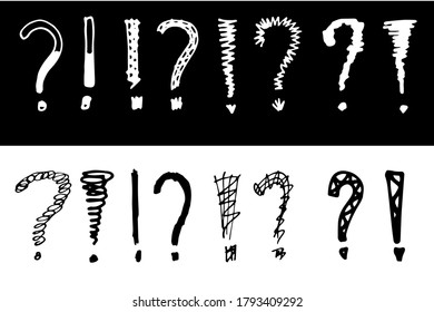 Set of hand drawn punctuation marks. question and exclamation  marks doodle on a white and black background, vector illustration.