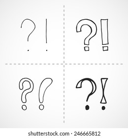 Set of hand drawn question and exclamation marks. Vector illustration.