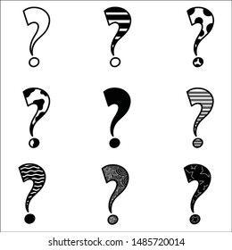 Set of hand drawn question marks. 
