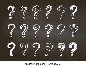 Set of hand drawn question marks, doodle questions on a black board background, vector illustration.