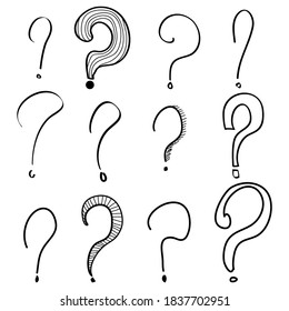 Set of hand drawn question marks. doodle questions marks. isolated on black and white. vector illustration.
