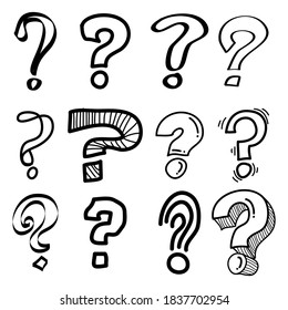 Set of hand drawn question marks. doodle questions marks. isolated on black and white. vector illustration.
